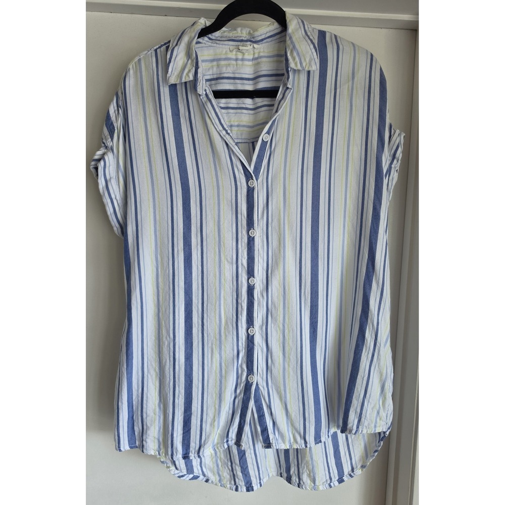 Beachlunchlounge Blouse S Short Sleeve Striped Blue White Yellow Rayon Blend‎